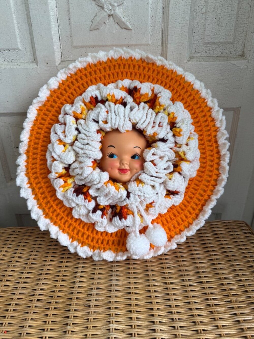 Vintage 70s Orange Crochet Doll Face Round Pillow Creepy Grandma Core 16"
